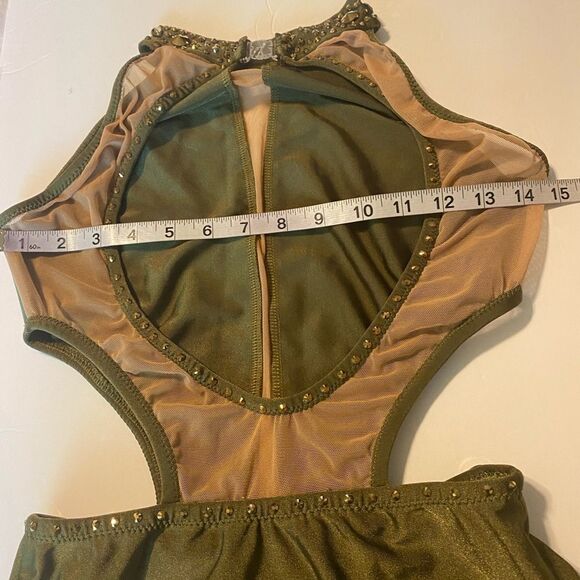 Custom solo dance costume leotard embellished olive green gold rhinestone SA - Picture 8 of 13